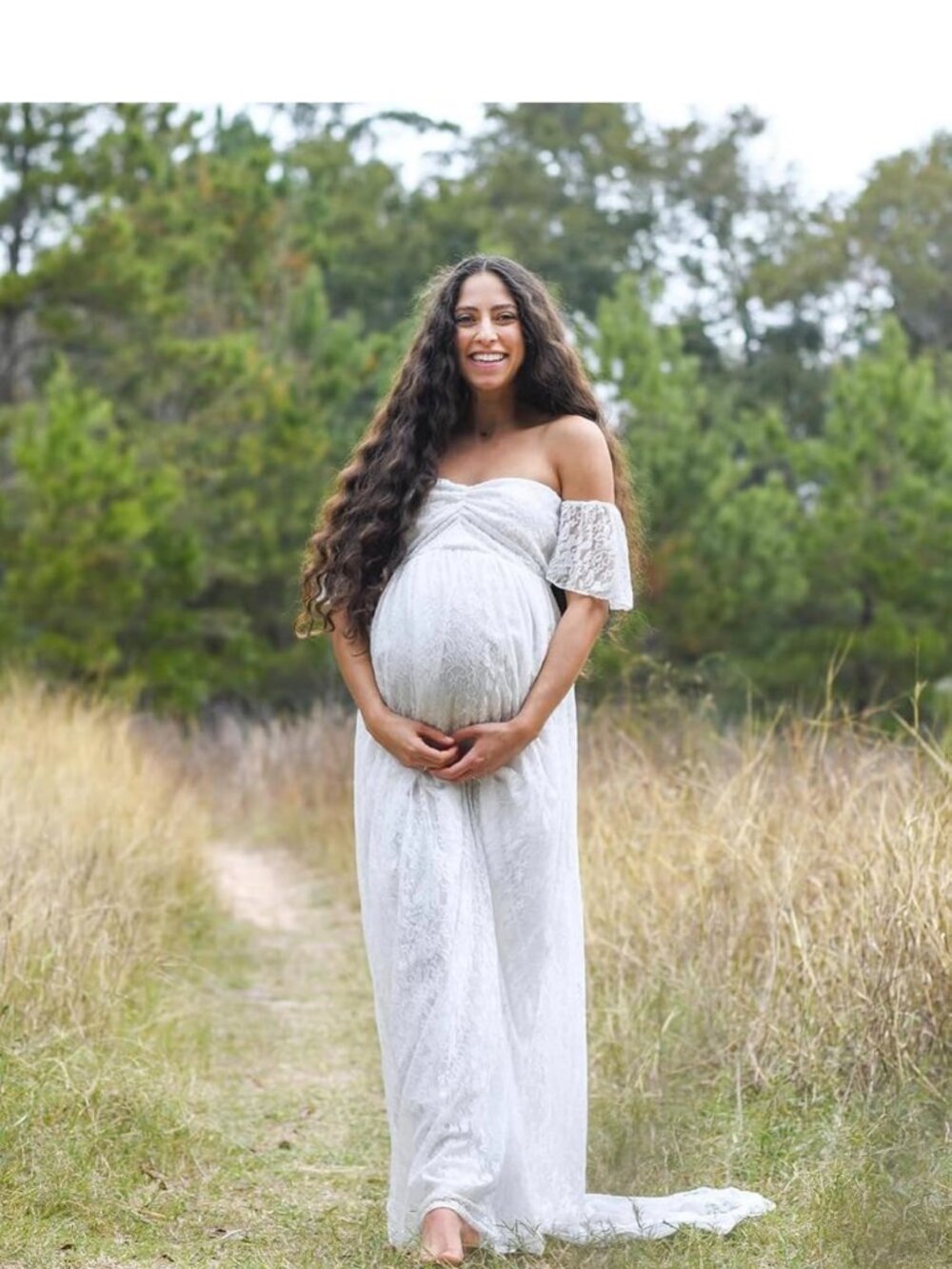 Maternity off Shoulder Ruffle Sleece Lace Wedding Gown Maxi, Dress for Photo
